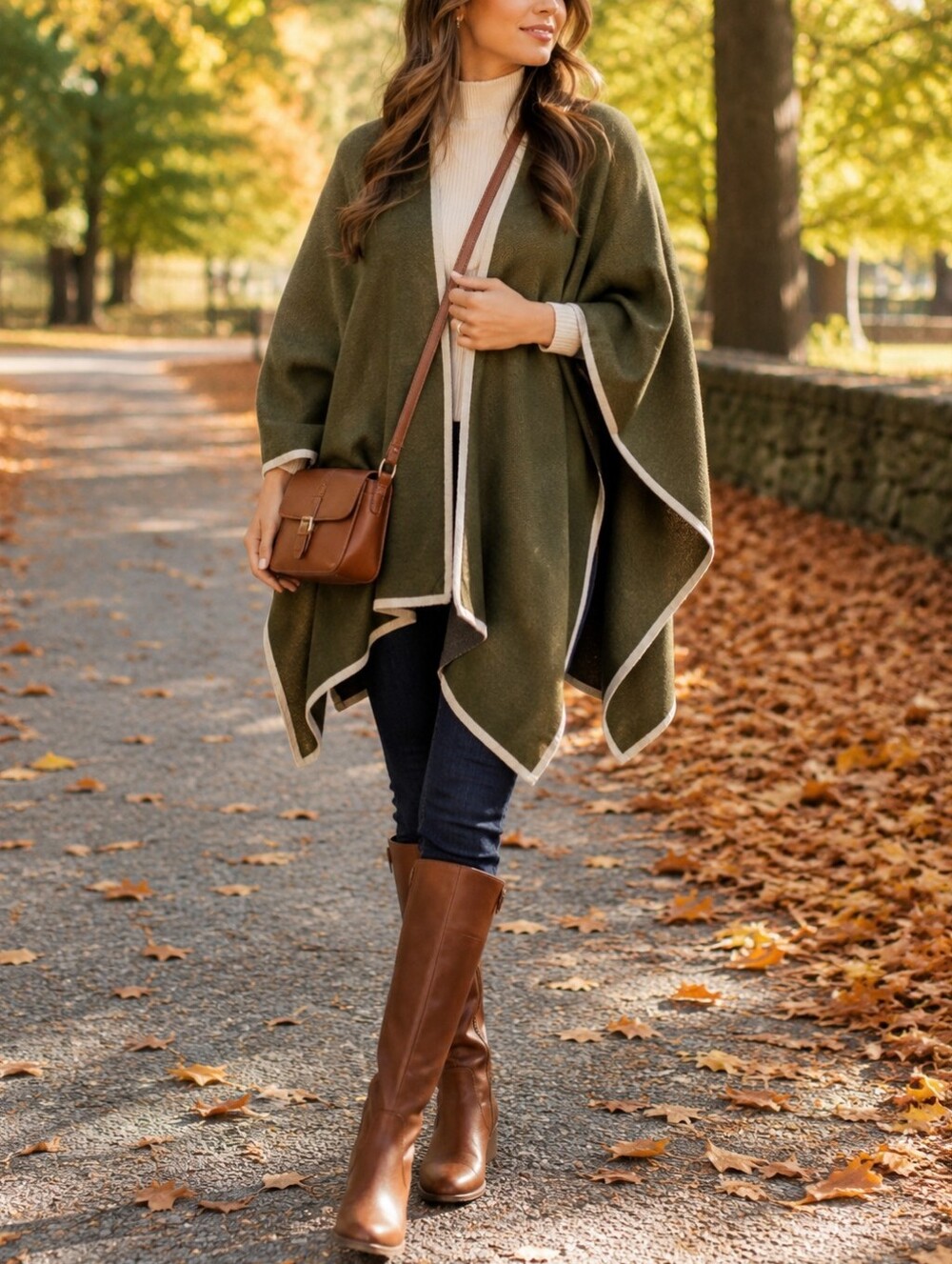 Christina Lee Olive Green Shawl Cape Poncho Cream Trim Draped Wrap Casual Preppy